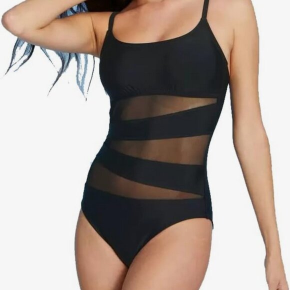 Shade & Shore | Black Mesh Front One Piece Swimsuit Size 16 NWT - Picture 1 of 10
